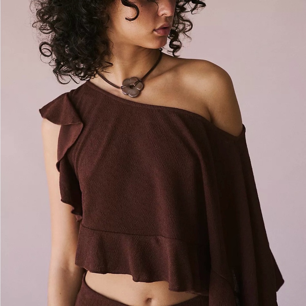 NWT FP Beach Asymmetrical Top Large Brown Off the Shoulder Ruffle Tie Lg L